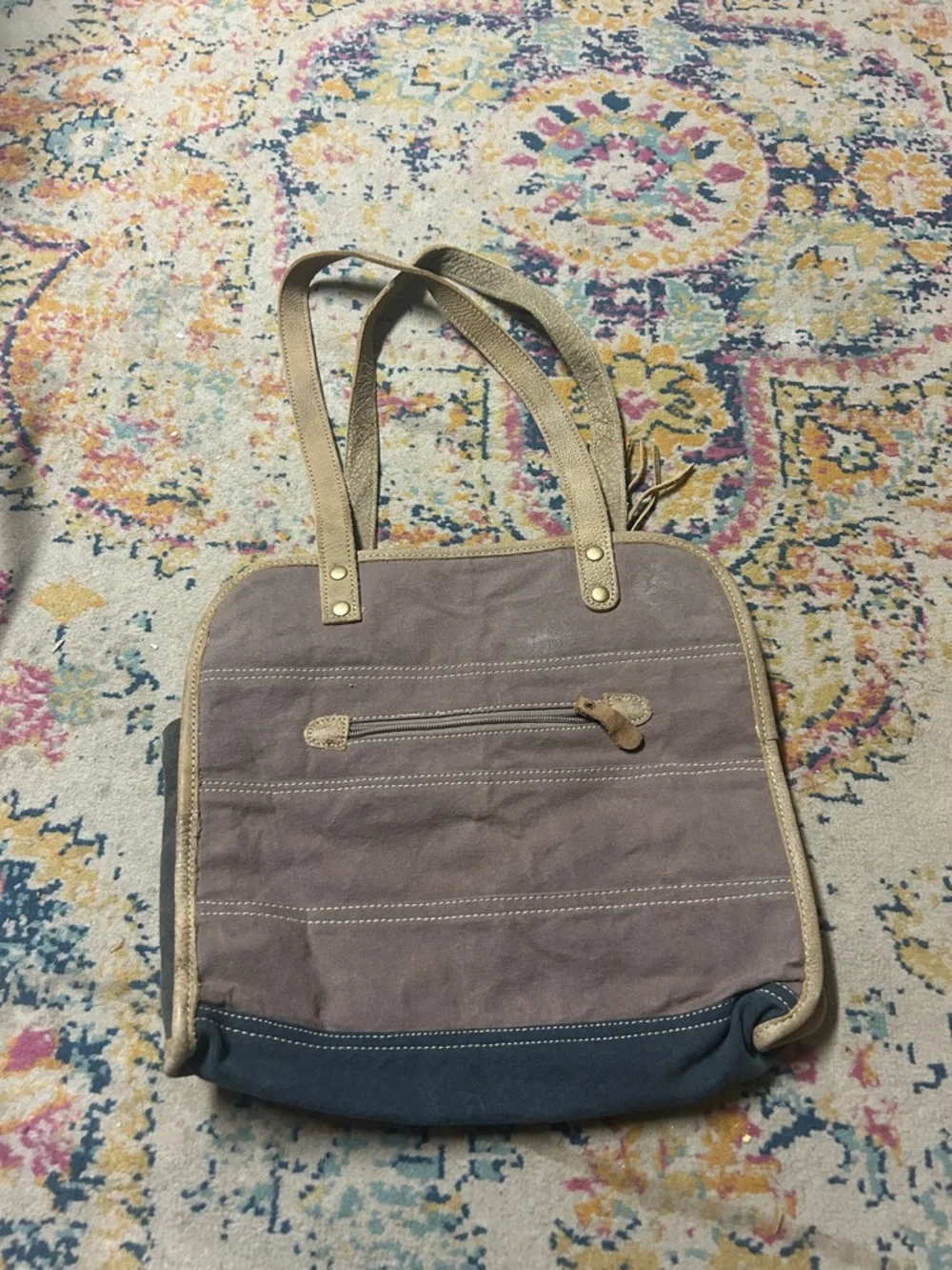 Floral Canvas Tote Bag with Tan & Blue Accents - Myra Bag‎